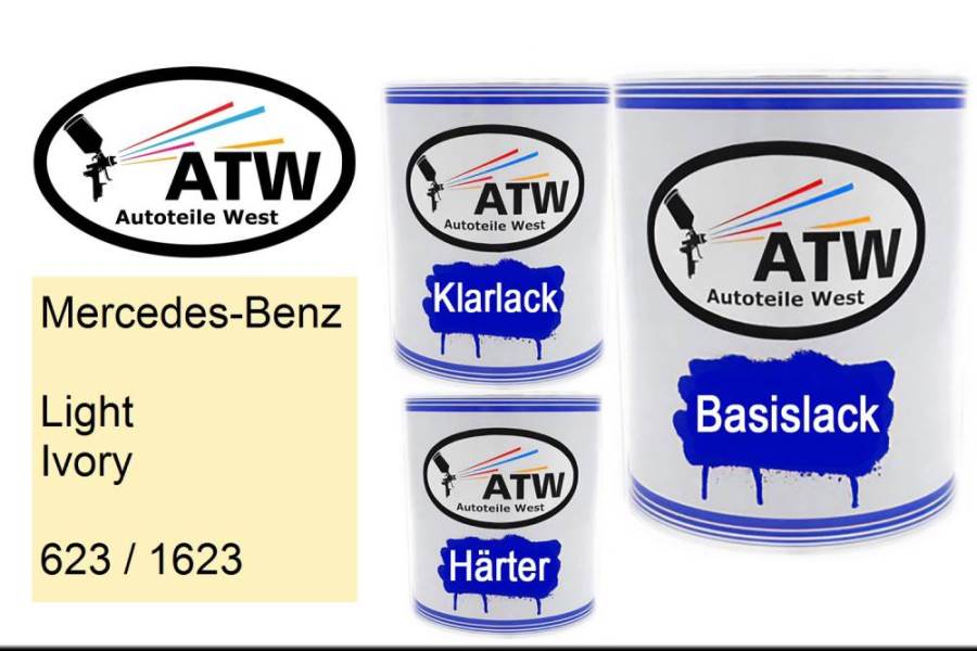 Mercedes-Benz, Light Ivory, 623 / 1623: 1L Lackdose + 1L Klarlack + 500ml Härter - Set, von ATW Autoteile West.